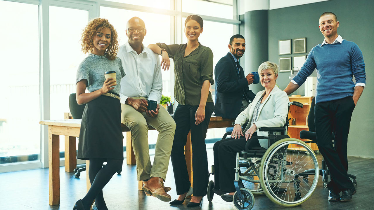 Inclusion, diversity and portrait of business people in office for teamwork, support and happy. Smile, collaboration and inclusive with group of employees for mission, commitment and mindset